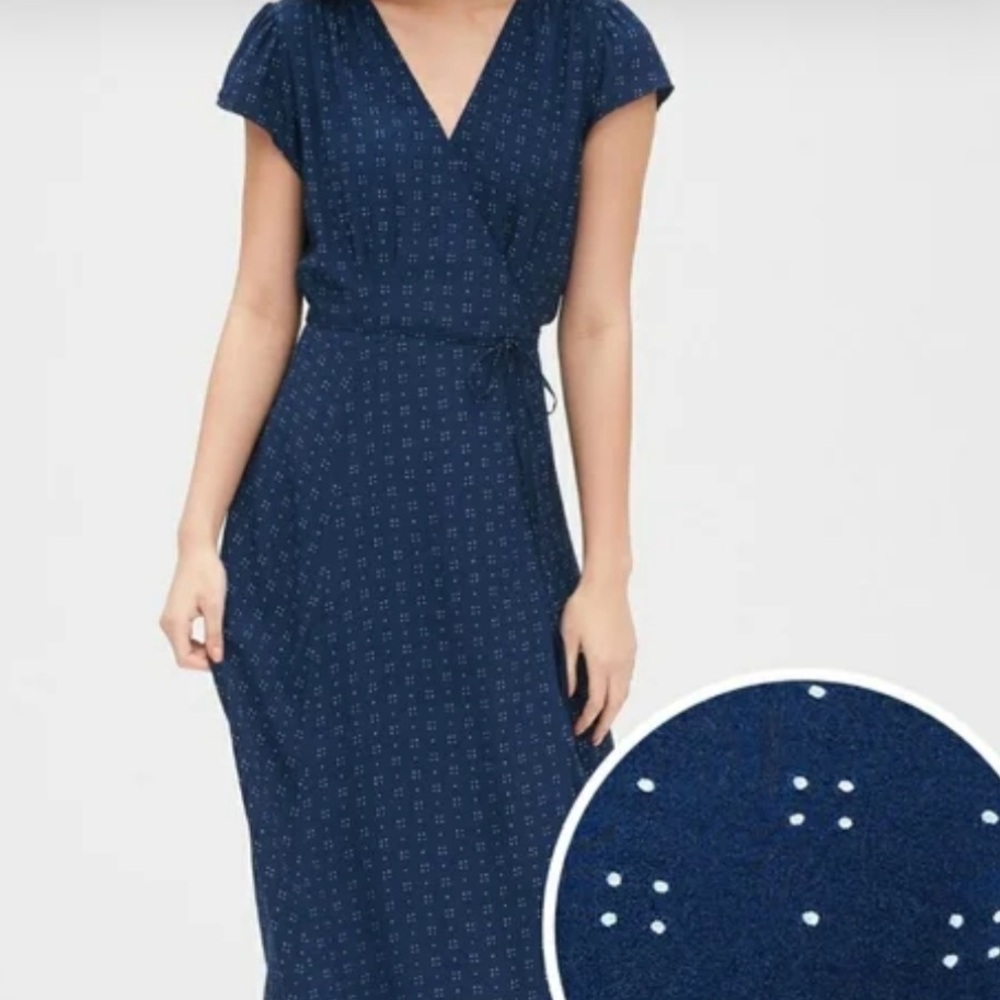 Gap Women’s Navy Blue Dot Print Short Sleeve Full Maxi Wrap Dress Tie Waist Med - Picture 14 of 16